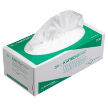 A rectangular box with Kimtech® Science precision wipes from Kimberly-Clark GmbH, ideal for sensitive surfaces. The white-green box contains 200 white wipes, one of which is partially pulled out.