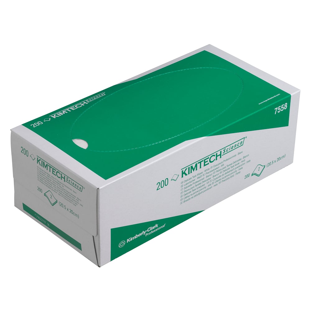 A green-white Kimberly-Clark box labeled "Kimtech® Science precision wipes" contains 200 white laboratory wipes for cleaning sensitive surfaces, with model 7558 on the box and an oval opening on the top (15 x 200 wipes/carton).