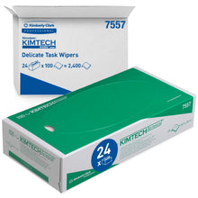Pictured are a box and an open carton with Kimtech® Science Precision Wipes from Kimberly-Clark GmbH: The green box contains 100 white 2-ply wipes, while the larger carton contains 24 boxes each with 100 wipes (a total of 2,400 sheets).