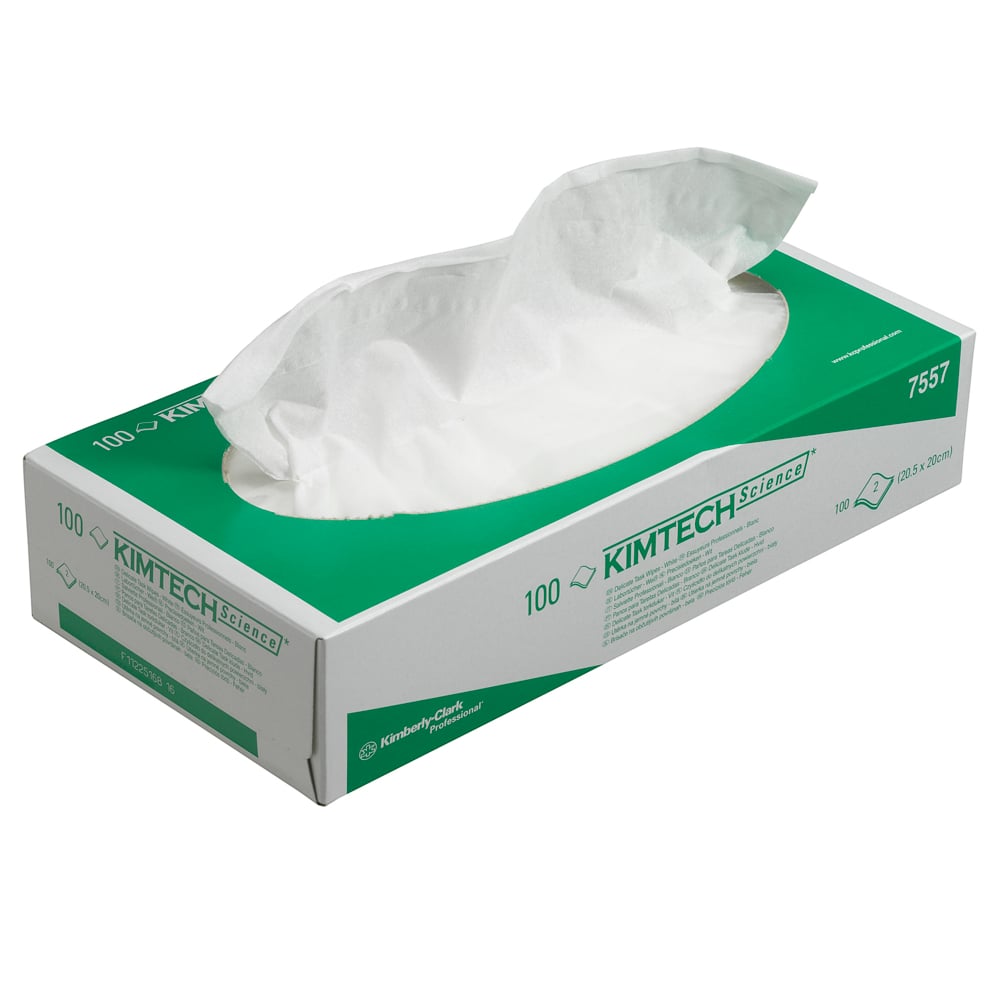 A rectangular Kimberly-Clark GmbH Kimtech® Science Precision Wipes box, green and white, contains 100 white 2-ply laboratory wipes, partially pulled from the oval top opening. Sold as 24 cartons x 100 sheets per carton (carton with 24 boxes).