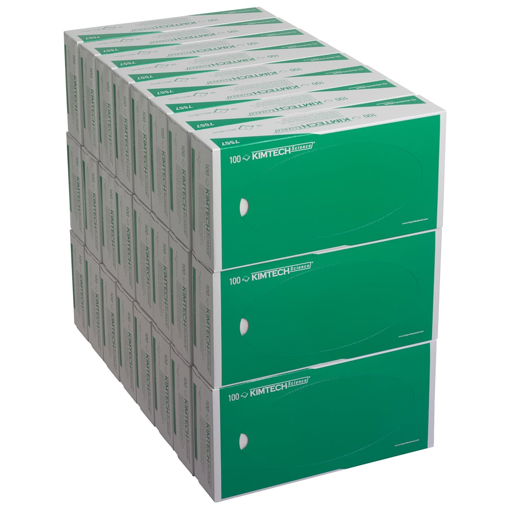 A stack of 24 Kimberly-Clark Kimtech® Science Precision Wipes boxes, white 2-ply with '100' branding - perfect for laboratories that need high-quality precision wipes alongside protective gloves.