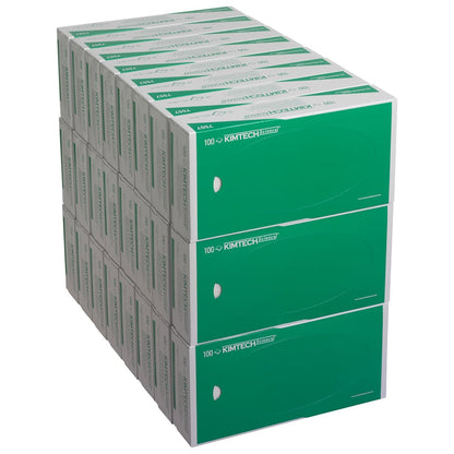 A stack of 24 Kimberly-Clark Kimtech® Science Precision Wipes boxes, white 2-ply with '100' branding - perfect for laboratories that need high-quality precision wipes alongside protective gloves.