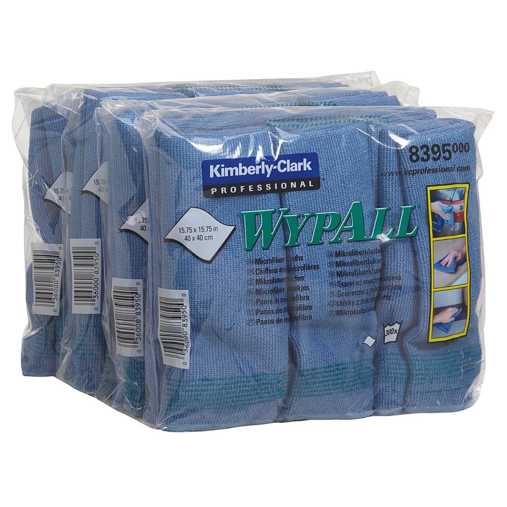 Three transparent plastic packages of blue WypAll® microfiber cloths - flat cloth / 40 x 40 cm by Kimberly-Clark GmbH are stacked. The packages display the product name, logo, and cleaning instructions, promoting an effective microfiber cleaning cloth.