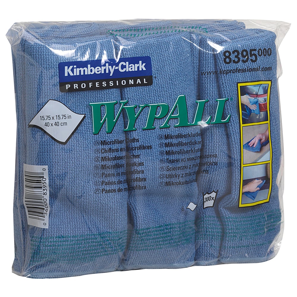 A transparent plastic package contains several folded blue WypAll® microfiber cloths (40 x 40 cm) from Kimberly-Clark GmbH. The packaging displays product details and cleaning illustrations.