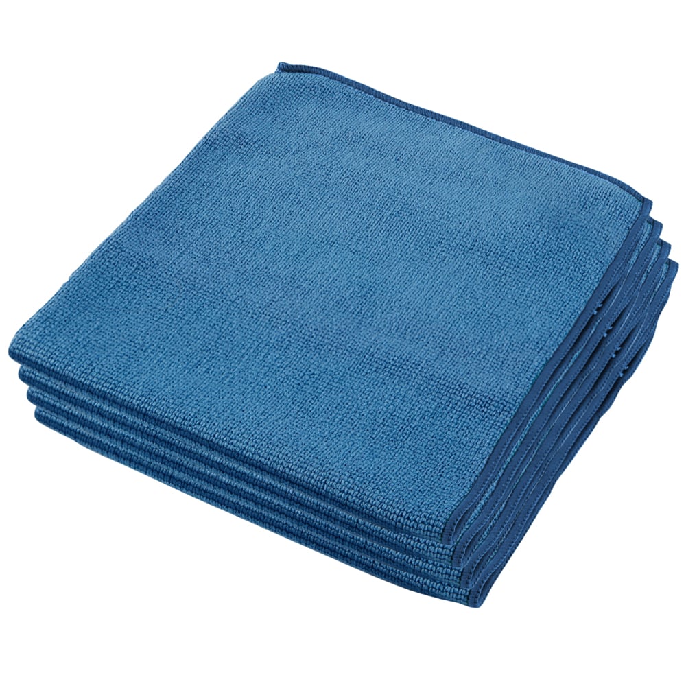 A stack of six neatly folded blue WypAll® microfiber cloths - flat cloth 40 x 40 cm by Kimberly-Clark GmbH, with dark blue hemmed edges, on a white background - ideal for efficient cleaning.