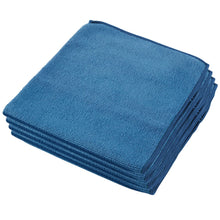 A stack of six neatly folded blue WypAll® microfiber cloths - flat cloth 40 x 40 cm by Kimberly-Clark GmbH, with dark blue hemmed edges, on a white background - ideal for efficient cleaning.