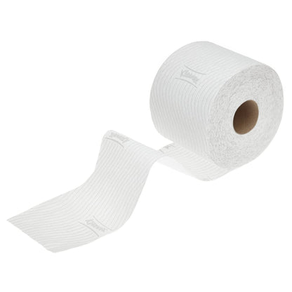 A single roll of Kleenex® Standard White toilet paper (Kimberly-Clark GmbH), textured and partially unrolled with a visible inner tube, is shown as part of a 6 packs x 6 small rolls x 350 sheets carton (6 packs).