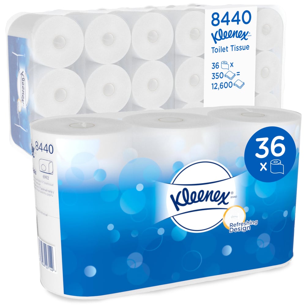A carton from Kimberly-Clark GmbH with six packs of Kleenex® toilet paper, each with 6 white rolls (350 sheets per roll), totaling 36 rolls and 12,600 sheets; the packaging is designed in white and blue.