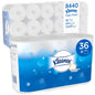 A carton from Kimberly-Clark GmbH with six packs of Kleenex® toilet paper, each with 6 white rolls (350 sheets per roll), totaling 36 rolls and 12,600 sheets; the packaging is designed in white and blue.