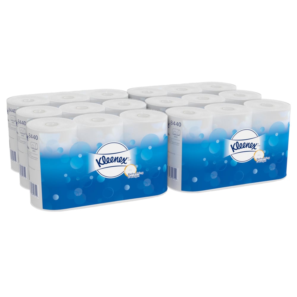 Two packs of Kleenex® Standard White toilet paper (6 packs x 6 small rolls x 350 sheets), from Kimberly-Clark GmbH, are depicted in a blue and white packaging with the Kleenex logo and bubble design.