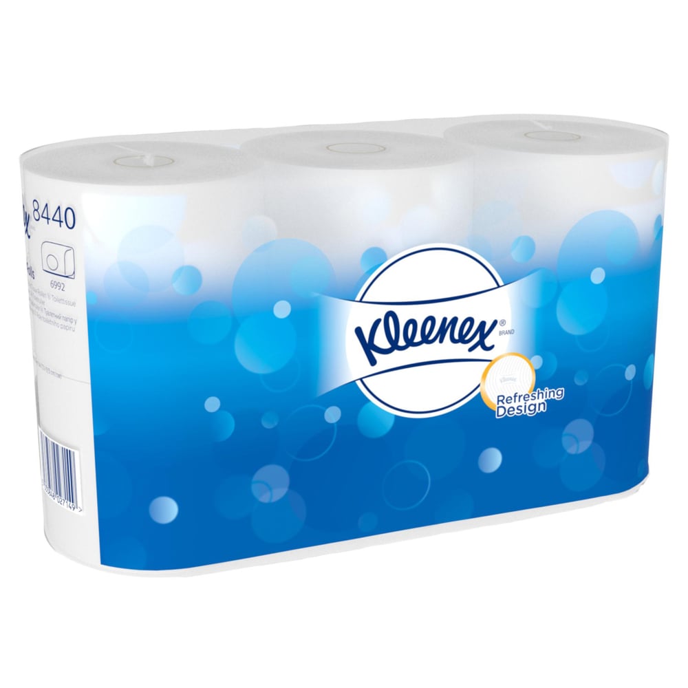 A carton of Kleenex® toilet paper from Kimberly-Clark GmbH contains 6 packs with 6 small white rolls each (350 sheets per roll) for long-lasting comfort - ideal for families or frequent use.