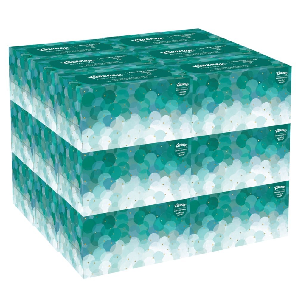 Three rows of four Kleenex® Ultra™ Interfold Hand Towels (white, medium, 70 pieces/pack) from Kimberly-Clark GmbH are stacked; each box features a green-white circle design, Kleenex logo on the left, for hygienic hands.