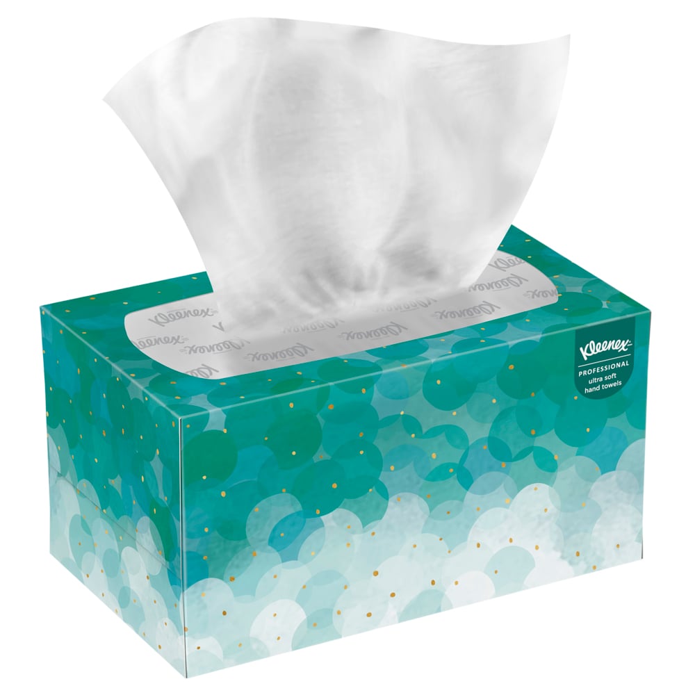 A pack of 70 white Kleenex® Ultra™ Interfold Hand Towels from Kimberly-Clark GmbH, ideal for hygienic hands in any setting - compact, practical, and easy to pull from the top opening.