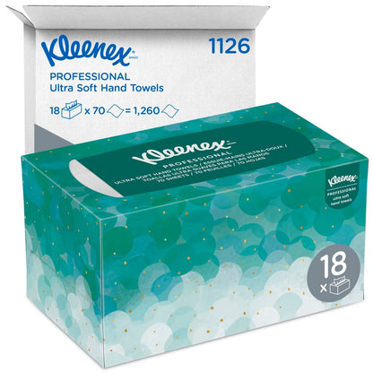 A box of Kleenex® Ultra™ Interfold Hand Towels (white, medium, 70 pieces) from Kimberly-Clark GmbH is pictured in front of a white shipping box labeled "1126" and "18 x 70 = 1,260," containing 18 hygiene packs.