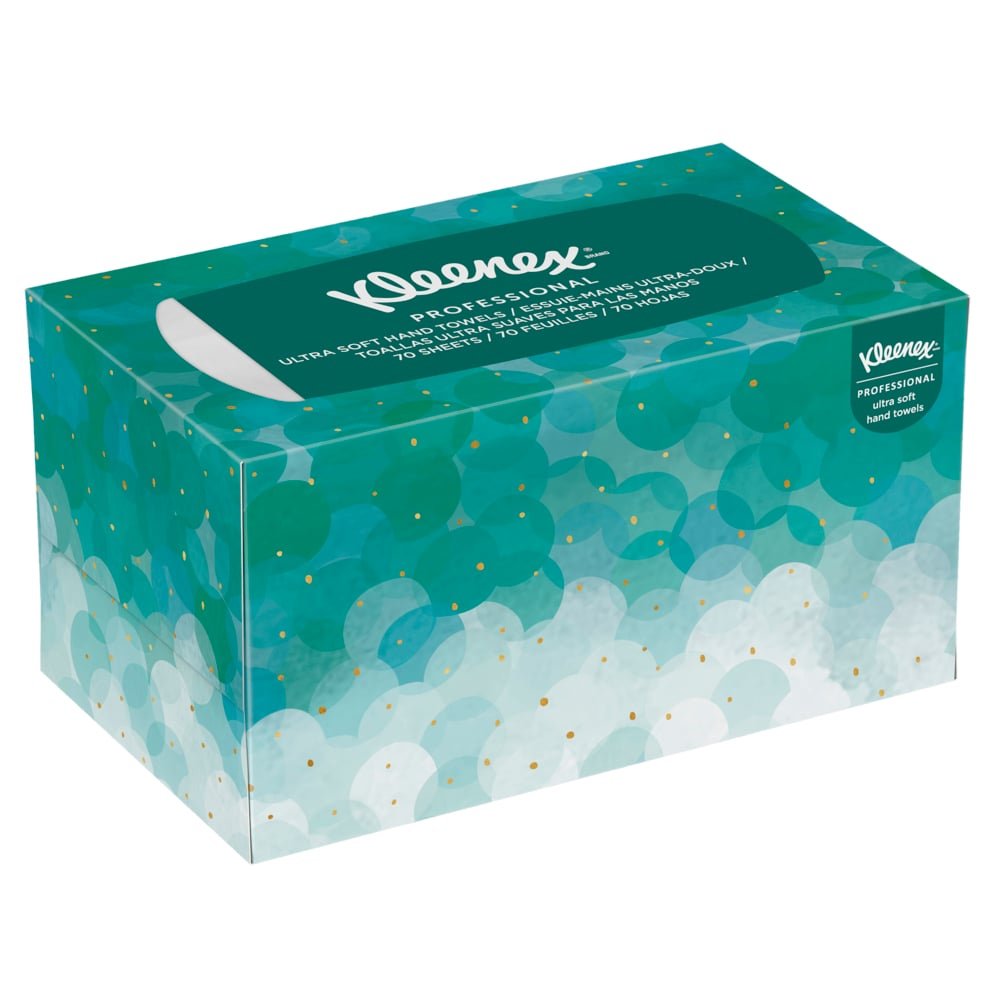 The Kleenex® Ultra™ Interfold Hand Towels (70 pieces, White, Medium) from Kimberly-Clark GmbH come in a rectangular box with an abstract design in teal/blue and gold accents, featuring a white tissue slot - ideal for hygienic hands in professional settings.