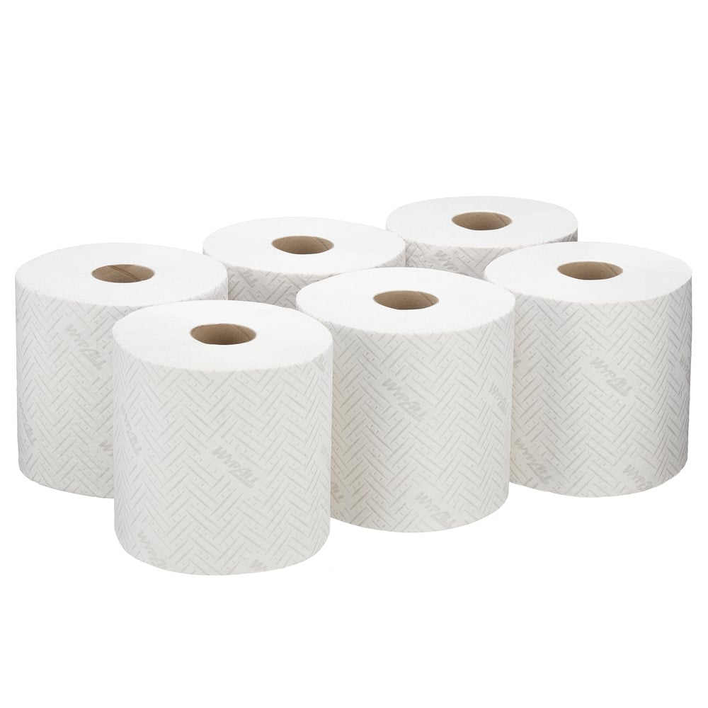 Six rolls of WypAll® L20 paper wipes for maintenance work from Kimberly-Clark GmbH (white, 6 x 400 sheets) are neatly arranged in two rows of three and show a subtle herringbone pattern on a white background.