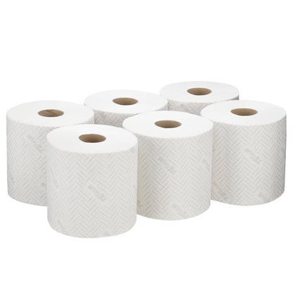 Six rolls of WypAll® L20 paper wipes for maintenance work from Kimberly-Clark GmbH (white, 6 x 400 sheets) are neatly arranged in two rows of three and show a subtle herringbone pattern on a white background.