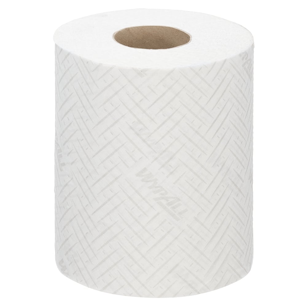 The WypAll® Reach™ paper towel for food & hygiene by Kimberly-Clark GmbH is a large, white roll with subtle embossing and visible "WypAll" branding, designed for hygienic use in food processing and featuring a central cardboard core.