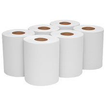 Six upright standing WypAll® L10 paper towel rolls from Kimberly-Clark GmbH, each with a brown core for center-pull dispensing, are arranged in two rows of three on a white background - ideal for cleaning in service & retail (6 rolls x 390 sheets).
