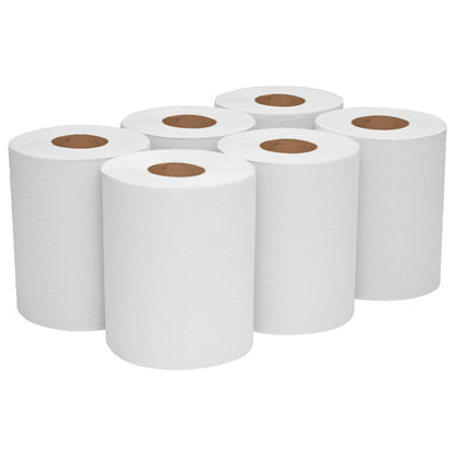Six upright standing WypAll® L10 paper towel rolls from Kimberly-Clark GmbH, each with a brown core for center-pull dispensing, are arranged in two rows of three on a white background - ideal for cleaning in service & retail (6 rolls x 390 sheets).