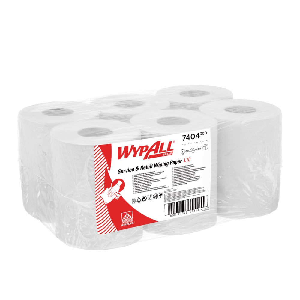 A six-pack of WypAll® L10 paper towel from Kimberly-Clark GmbH, 6 rolls with 390 sheets each for center-pull dispensing, ideal for cleaning in service & retail - white, in a box with product details.