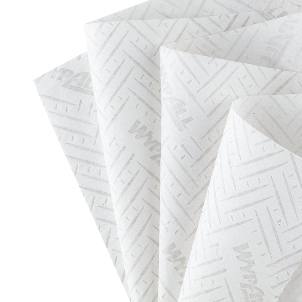 Six white rolls of WypAll® L20 paper wipes for maintenance work from Kimberly-Clark GmbH with 400 sheets each and a subtle diagonal pattern - ideal for cleaning and maintenance work. Central dosing.