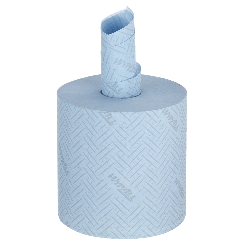 A large roll of blue, 1-ply WypAll® L10 paper wipes from Kimberly-Clark GmbH for hygienic use in food areas, with central dispensing and printed WYPALL logo; box contains 6 rolls with 800 sheets each.