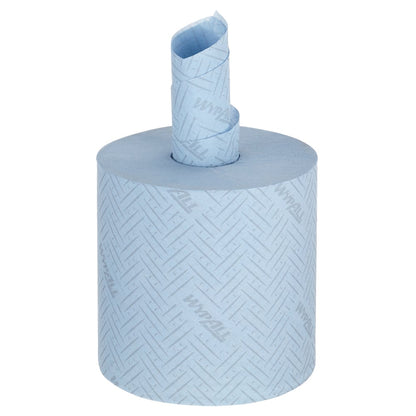A large roll of blue, 1-ply WypAll® L10 paper wipes from Kimberly-Clark GmbH for hygienic use in food areas, with central dispensing and printed WYPALL logo; box contains 6 rolls with 800 sheets each.