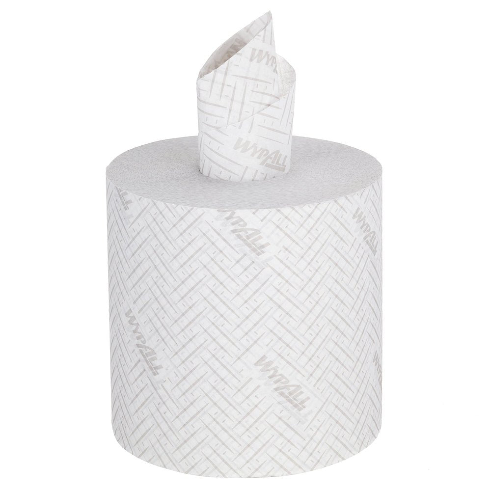 A large roll of WypAll® L10 paper wipe for food & hygiene from Kimberly-Clark GmbH, white, 800 sheets per roll. A sheet is partially pulled from the center for easy central dispensing. Box contains 6 rolls.