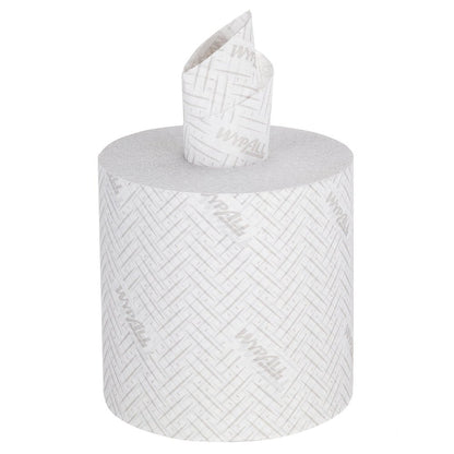 A large roll of WypAll® L10 paper wipe for food & hygiene from Kimberly-Clark GmbH, white, 800 sheets per roll. A sheet is partially pulled from the center for easy central dispensing. Box contains 6 rolls.