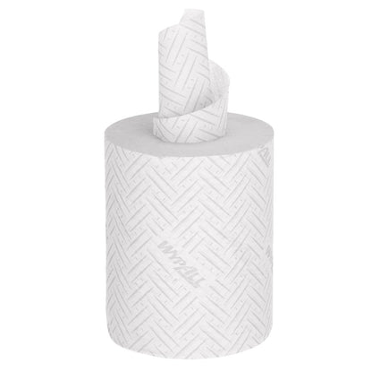 A single roll of WypAll® Reach™ paper towel for food & hygiene - centerfeed by Kimberly-Clark GmbH stands upright, the end loosely pulled upwards - ideal for promoting hygiene in any environment.