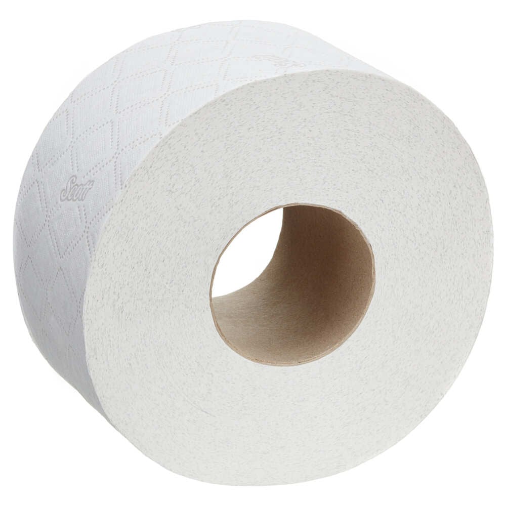 A large roll of Scott® Essential™ toilet paper - Jumbo/White from Kimberly-Clark GmbH with a cardboard core and fine diamond pattern, 12 rolls x 526 sheets per carton.