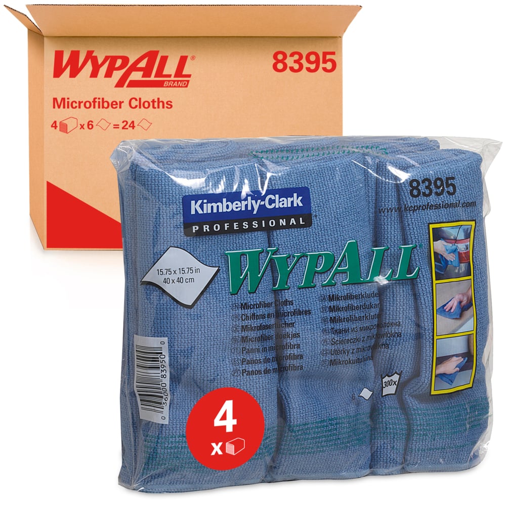 A pack of four blue WypAll® microfiber cloths (flat cloth, 40 x 40 cm) by Kimberly-Clark GmbH is shown in a transparent package in front of a brown box labeled "WypAll 8395". Each microfiber cloth measures about 15.75 x 15.75 cm.