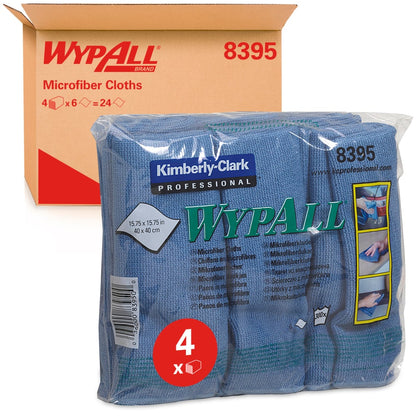 A pack of four blue WypAll® microfiber cloths (flat cloth, 40 x 40 cm) by Kimberly-Clark GmbH is shown in a transparent package in front of a brown box labeled "WypAll 8395". Each microfiber cloth measures about 15.75 x 15.75 cm.