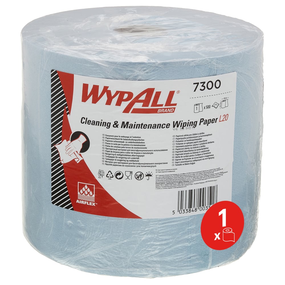 The WypAll® L20 paper wipe for maintenance work large roll in blue from Kimberly-Clark GmbH contains 1 roll with 500 sheets, is packed in foil and has a label with product information; a red symbol indicates the content of the single roll.