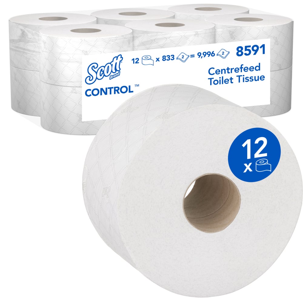 A box of Kimberly-Clark Scott® Control™ toilet paper - central dispensing, contains 12 white rolls of 833 sheets each (Total: 12 x 833), product number 8591, ideal for professional environments.