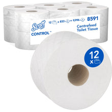 A box of Kimberly-Clark Scott® Control™ toilet paper - central dispensing, contains 12 white rolls of 833 sheets each (Total: 12 x 833), product number 8591, ideal for professional environments.