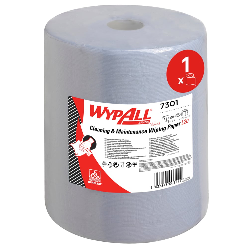The WypAll® L20 maintenance paper wipe large roll from Kimberly-Clark GmbH in Blue (7301) offers 500 extra wide sheets for efficient cleaning, ideal for industrial applications. 1 roll per carton.