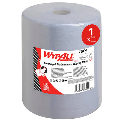 The WypAll® L20 maintenance paper wipe large roll from Kimberly-Clark GmbH in Blue (7301) offers 500 extra wide sheets for efficient cleaning, ideal for industrial applications. 1 roll per carton.