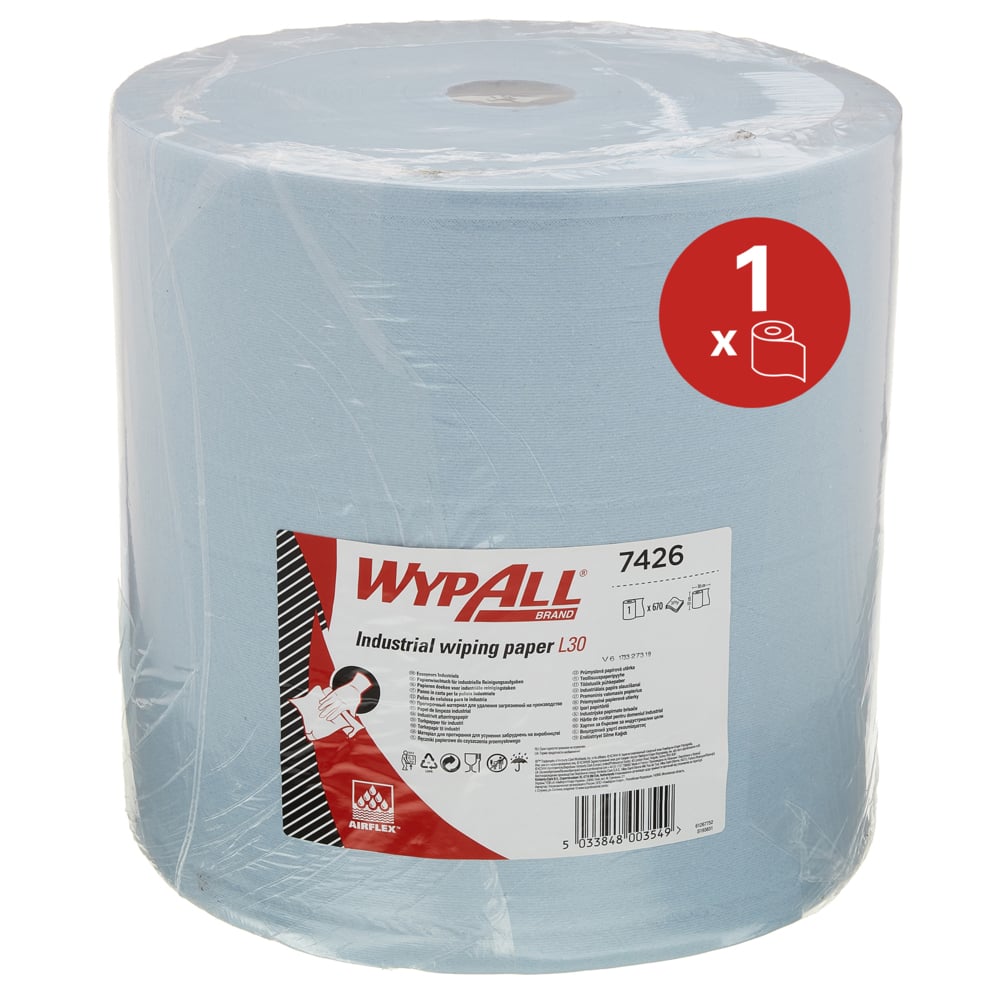 The WypAll® L30 large roll from Kimberly-Clark GmbH is an extra-wide, light blue paper wipe for industrial cleaning tasks. One roll (1 x 670 wipes) in a box, clearly packaged with product label and barcode.