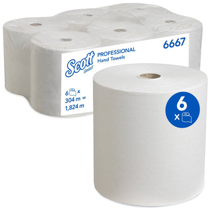 A large Scott® hand towel roll (304.00 m x 19.80 cm) from Kimberly-Clark GmbH stands in front of a six-pack, labeled with "6 x 304 m = 1,824 m" and marked with the number 6667.
