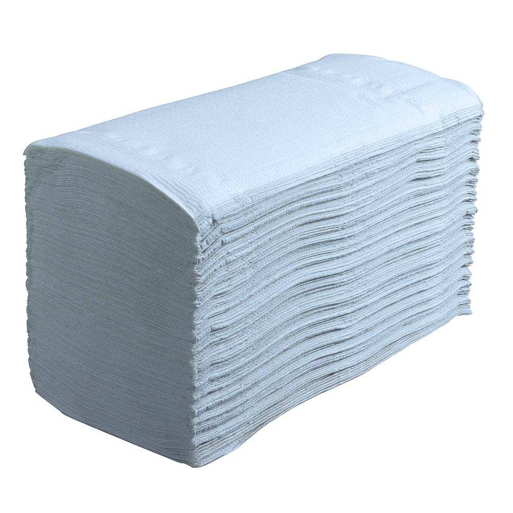 A stack of neatly folded, rectangular, light blue Scott® Control™ Interfold Hand Towels from Kimberly-Clark GmbH (Interfold, 15 x 240 sheets) is compiled into a neat block against a white background.