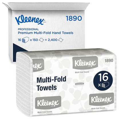 Kleenex® Hand Towels - MultiFold / White / Medium by Kimberly-Clark GmbH: 16 packs x 150 sheets (2,400 towels) in a carton, ideal for washrooms. White packaging with blue-gray lettering.