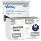 Kleenex® Hand Towels - MultiFold / White / Medium by Kimberly-Clark GmbH: 16 packs x 150 sheets (2,400 towels) in a carton, ideal for washrooms. White packaging with blue-gray lettering.