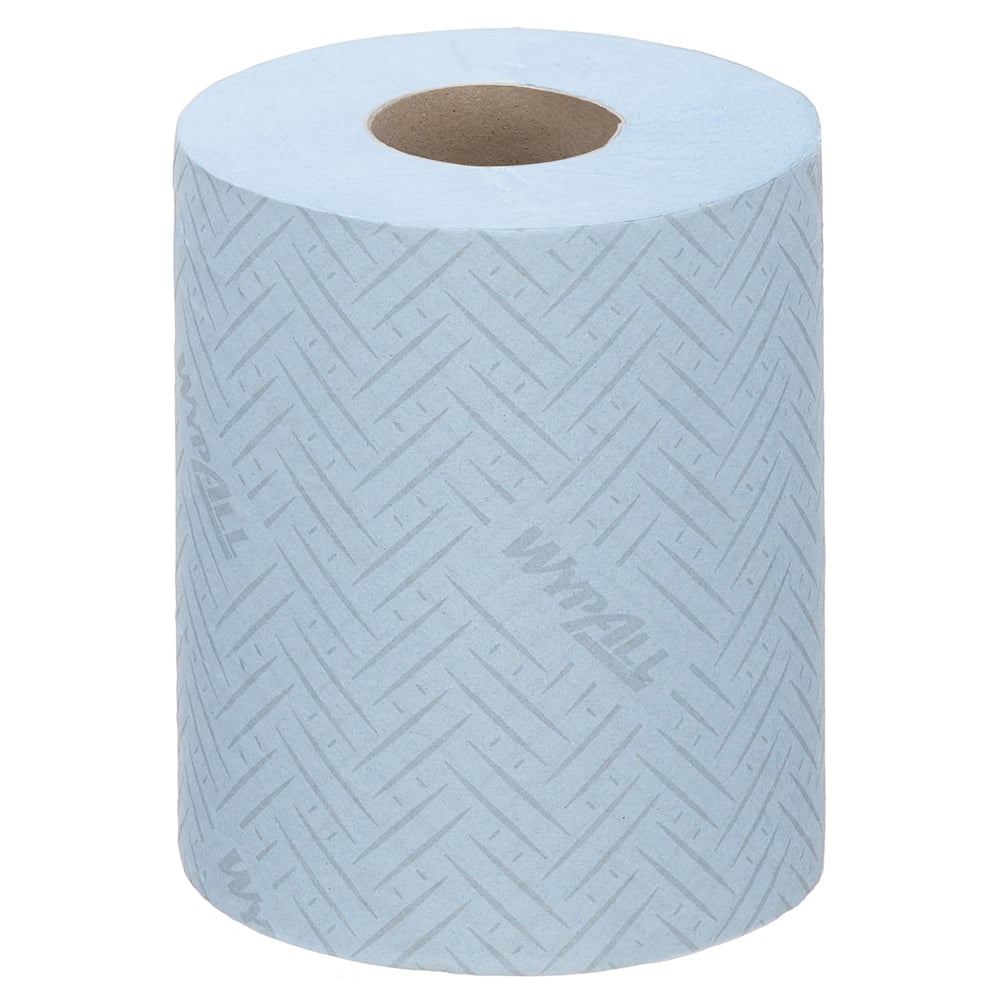 An upright roll of WypAll® Reach™ paper towel for food & hygiene - centerfeed by Kimberly-Clark GmbH, blue with herringbone pattern and logo, ideal for hygiene in food processing, depicted on a plain white background.
