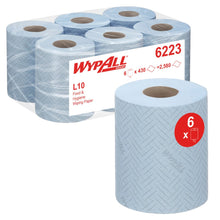 A pack of six rolls of WypAll® Reach™ paper towel for food & hygiene - centerfeed by Kimberly-Clark GmbH with 430 sheets each (2,580 in total), depicted with one roll in front, showing branding and details.