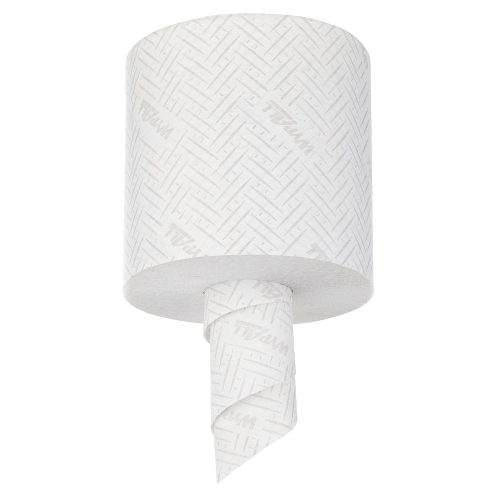 A white WypAll® L20 paper wipe roll (Kimberly-Clark GmbH) for maintenance work hangs vertically; its textured, lightly branded surface is visible and the loose end rolls down. Package: 6 rolls x 400 sheets, central dispensing.