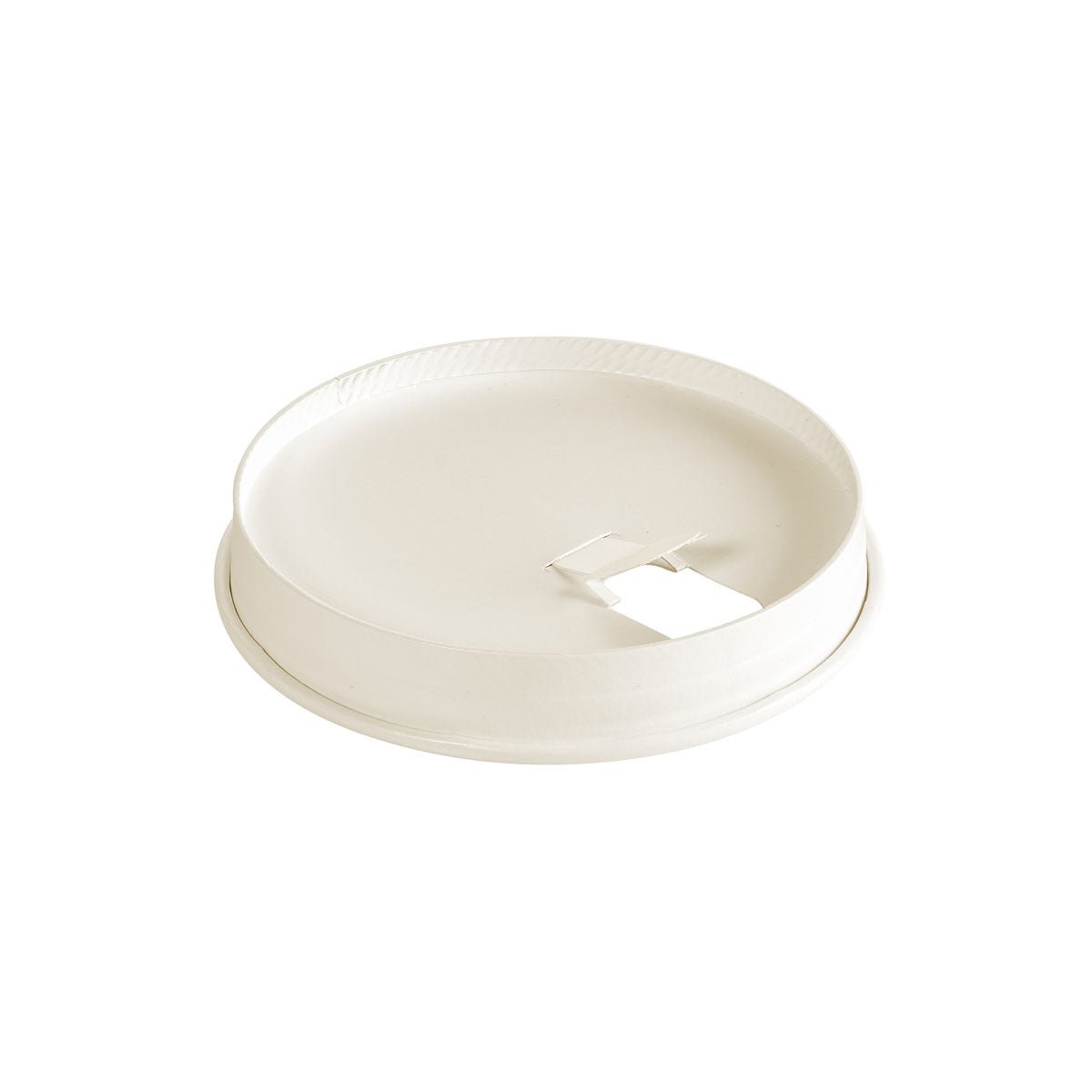 An eco-friendly, white cardboard lid from Duni GmbH for cups (35/47/59 cl) with a rectangular drinking opening, pack of 40 pieces, photographed against a white background.