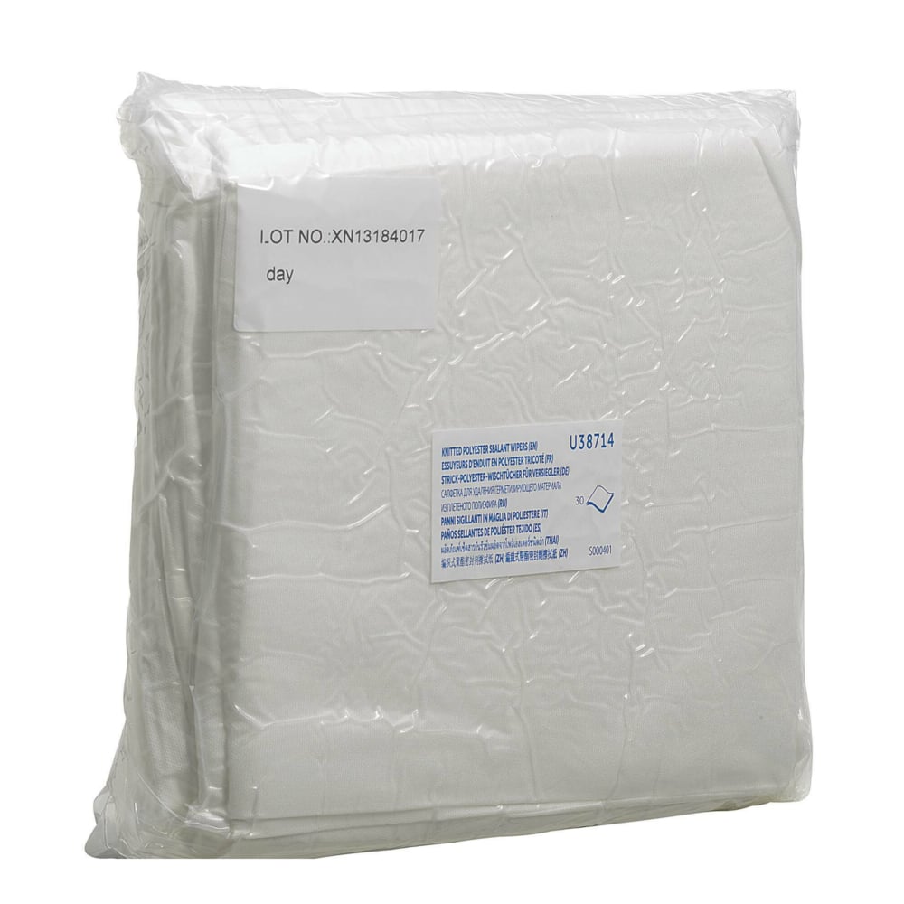 The Kimtech® Auto Sealant Wipes from Kimberly-Clark GmbH come in a sealed clear package with folded white wipes, ideal for vehicle cleaning. A batch number label and a blue-white info label are visible on the front. 12 cartons x 30 sheets per carton.