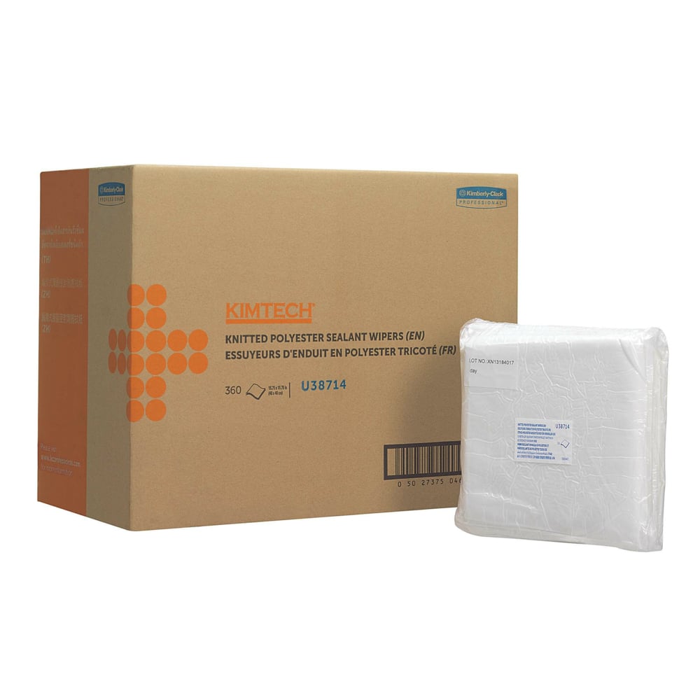 A brown Kimtech® box from Kimberly-Clark GmbH with the label "Auto Sealant Wipes - White" stands next to a stack of white wipes in clear plastic, ideal for sealing. The box is adorned with orange and blue text and symbols. 12 boxes x 30 sheets per box.